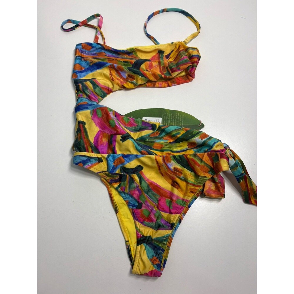 FARM Rio Banana Print One Piece Bandeau Cut Out Swimsuit $180 Size S Tropical